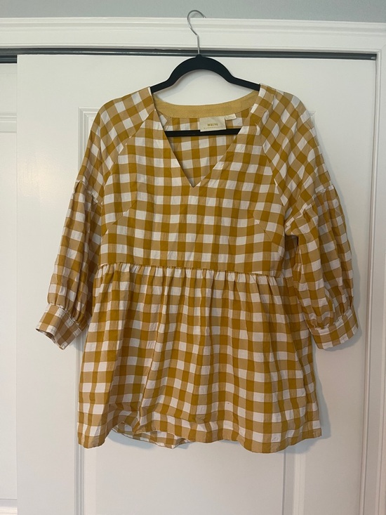 Anthropologie Tops - Anthropologie Mustard and White Gingham Peplum Tunic
